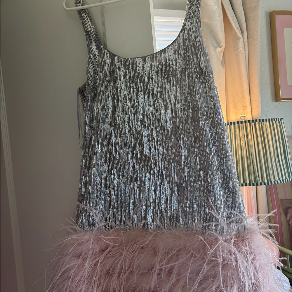 Aqua Silver Sequin Mini Dress with Pink Feather Trim